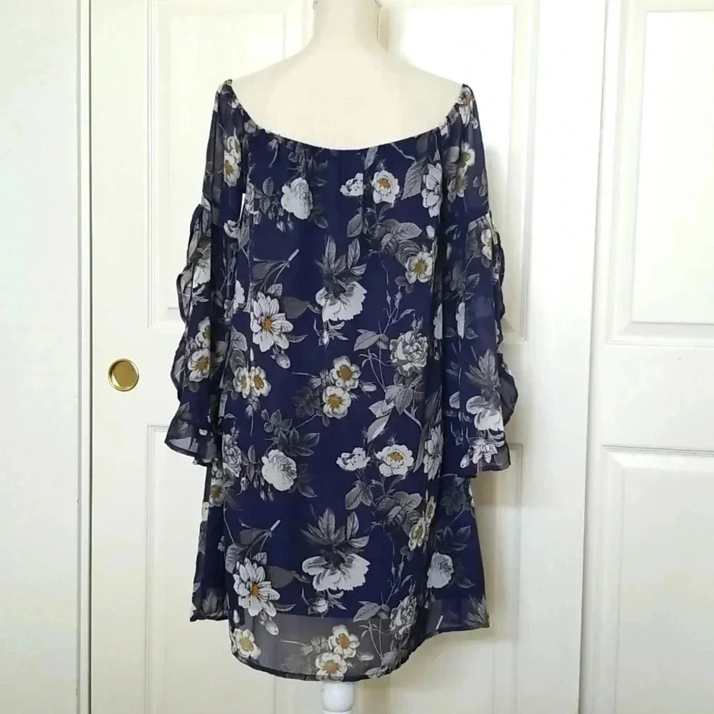 Altar'd State Navy Floral Long Sleeve Dress | Boho Women's Mini Dress - Picture 4 of 6